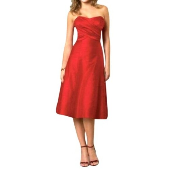 Watters & Watters Red Silk Midi Bridesmaid Dress 10 Strapless/Convertible Pleat - Picture 1 of 16